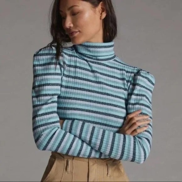 NWT Anthropologie Maeve Puff-Sleeved Turtleneck Top in Blue Motif - Picture 1 of 5